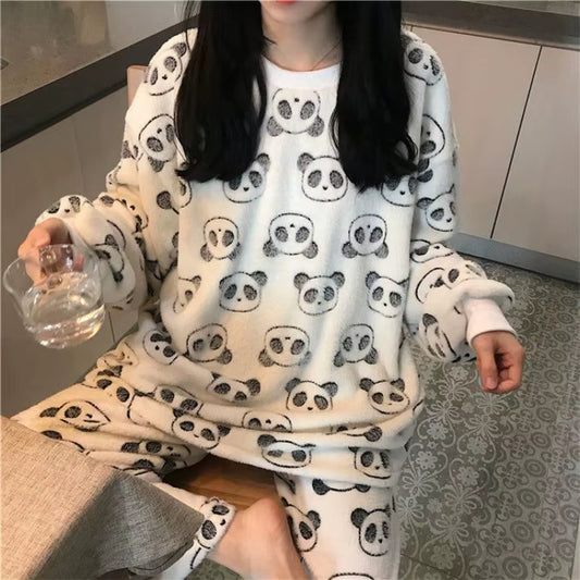 Adult Winter Thicken Sleepwear Pajamas Set Women Coral Fleece Pyjama Cartoon Deer Panda Hooded Homewear Loungewear Pijamas Suit